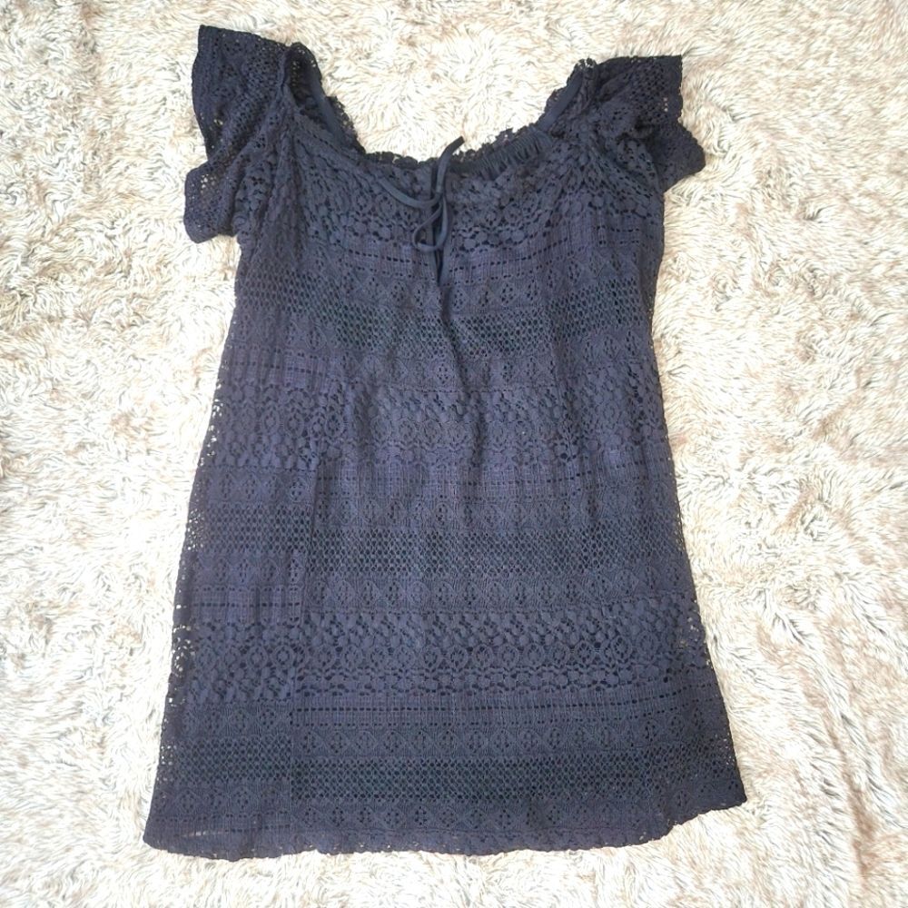 Topshop Navy Blue Short Sleeve Keyhole Crochet Knit Mini Dress Women's Size 0